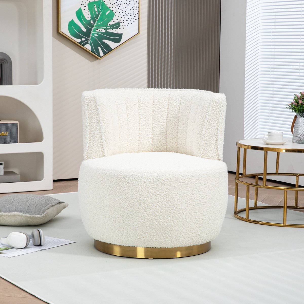 OKWISH Draaistoel – 360° Draaibare Eetkamer-/Woonkamerstoel Met Zacht Teddy-Bekleding – Enkel Stoel – Teddy – Modern – Wit – Ergonomische Rug & Hoogdichtheid Schuim