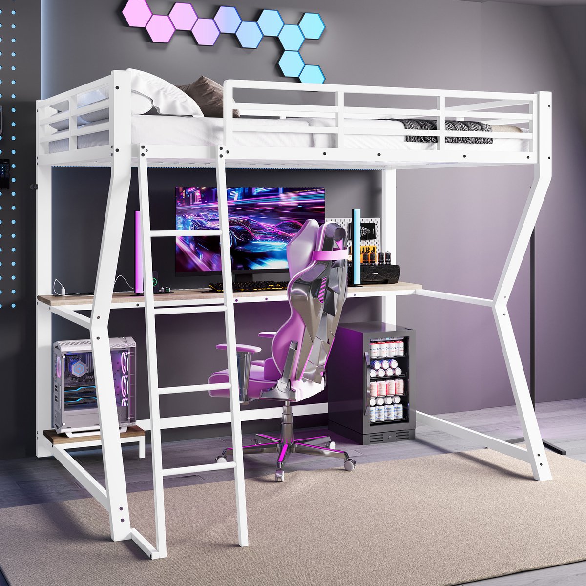 Wishdor Hoogslaper 90x200 cm – Met Bureau, LED & Stopcontact – Inclusief Computerhouder – Smart & Compleet – Metaal & MDF – Wit