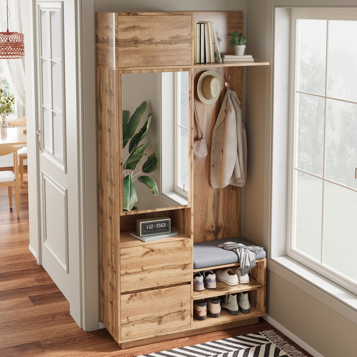 OKWISH Garderobekast – Compacte Spiegelkast Met Zitbank – Met Haken En Schoenenrek – 2 Lad