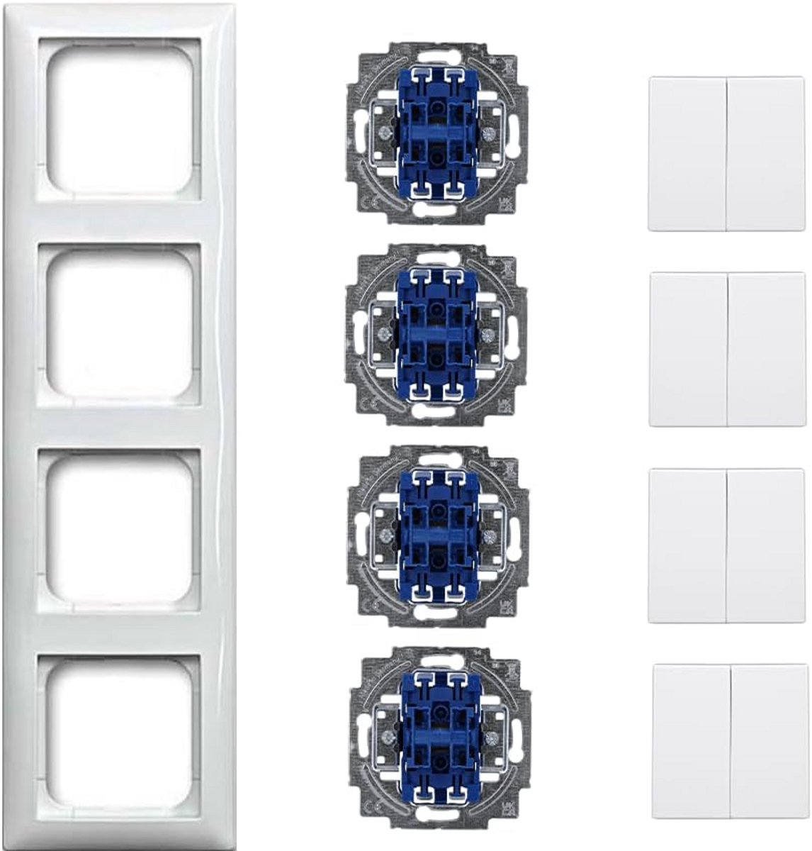Complete Set Tuimelschakelaars en Wipschakelaars - 4 x 2000/5 US & 4 x 2505-914 met 4-voudig Frame Alpinewit