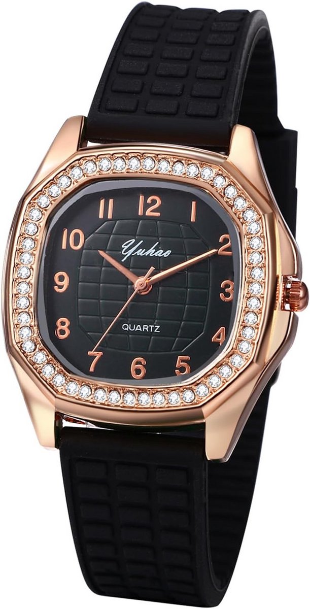 Dames Horloge Vierkant met Siliconen Band Analoog Zwart Kwarts