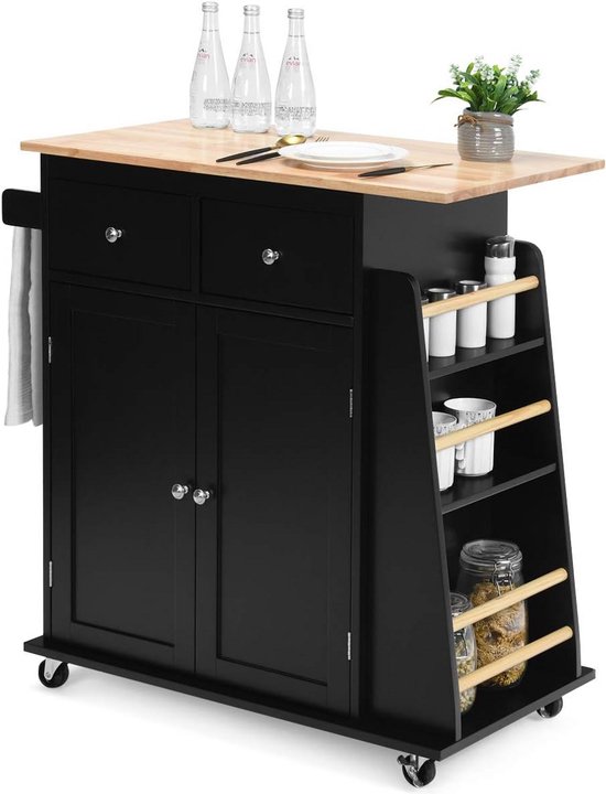 GOPLUS Keukenwagen op wieltjes, keukeneiland met kast, lade en 2 open planken, mobiel keukenrek met werkblad van rubberhout en 4 wielen, ideaal voor keuken, eetkamer, woonkamer (wit