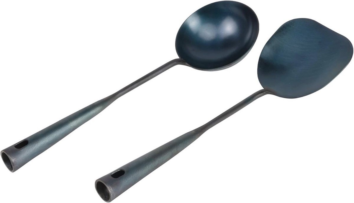 Traditionele handgemaakte ijzeren spatel en pollepel set voor wok - 32 cm
