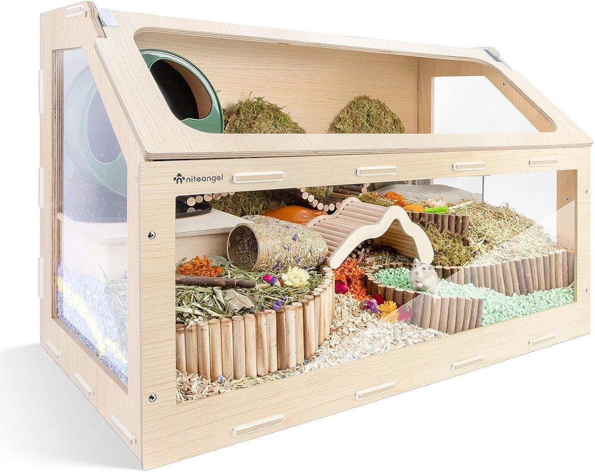 Hamsterkooi met Schuine Opening - Geschikt voor Kleine Dieren zoals Dwerghamsters en Muizen - MDF Aspen Kooi (Klein - 83,6 x 43,7 x 53,6 cm)