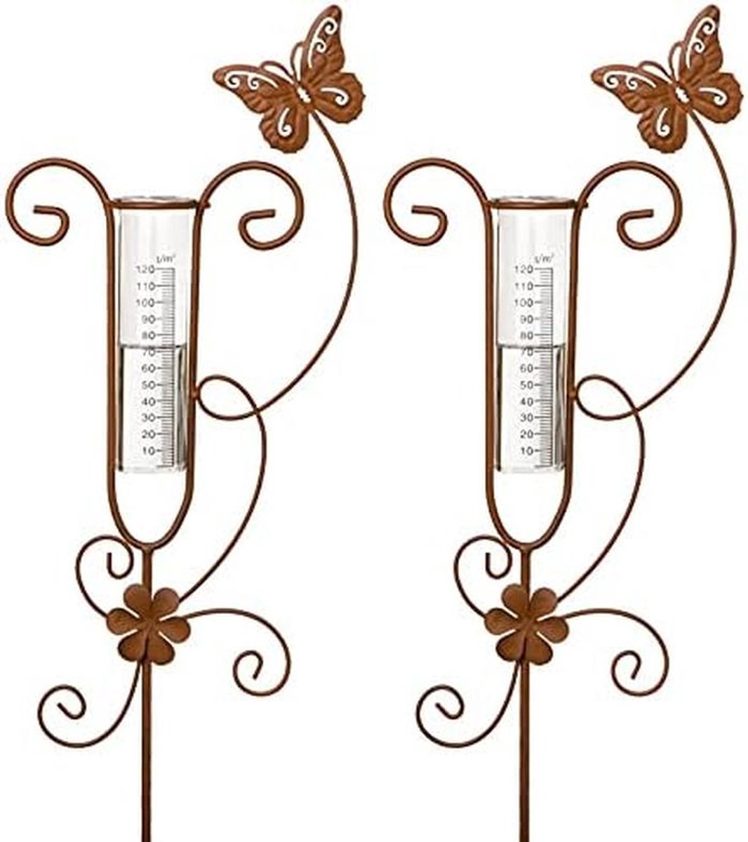 2x Roestkleurige Regenmeter Tuindecoratie met Glas & Vlinder Stijl