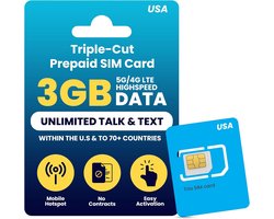 Prepaid SIM-kaart met 3 GB 4G LTE/5G en onbeperkte internationale sms en gesprekken
