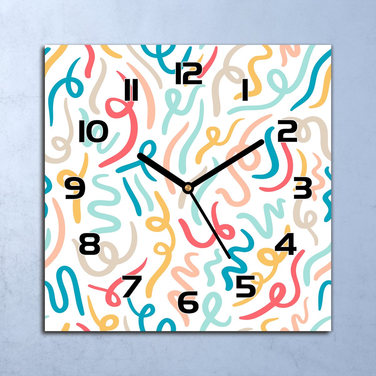 Coloray Wandklok - Gekleurde lijnen Klok Glas - 30x30 cm - Wit Wandklok - Wandklok Vierkant - Wandklok Industrieel - Wandklok Keuken - Stille Wandklok