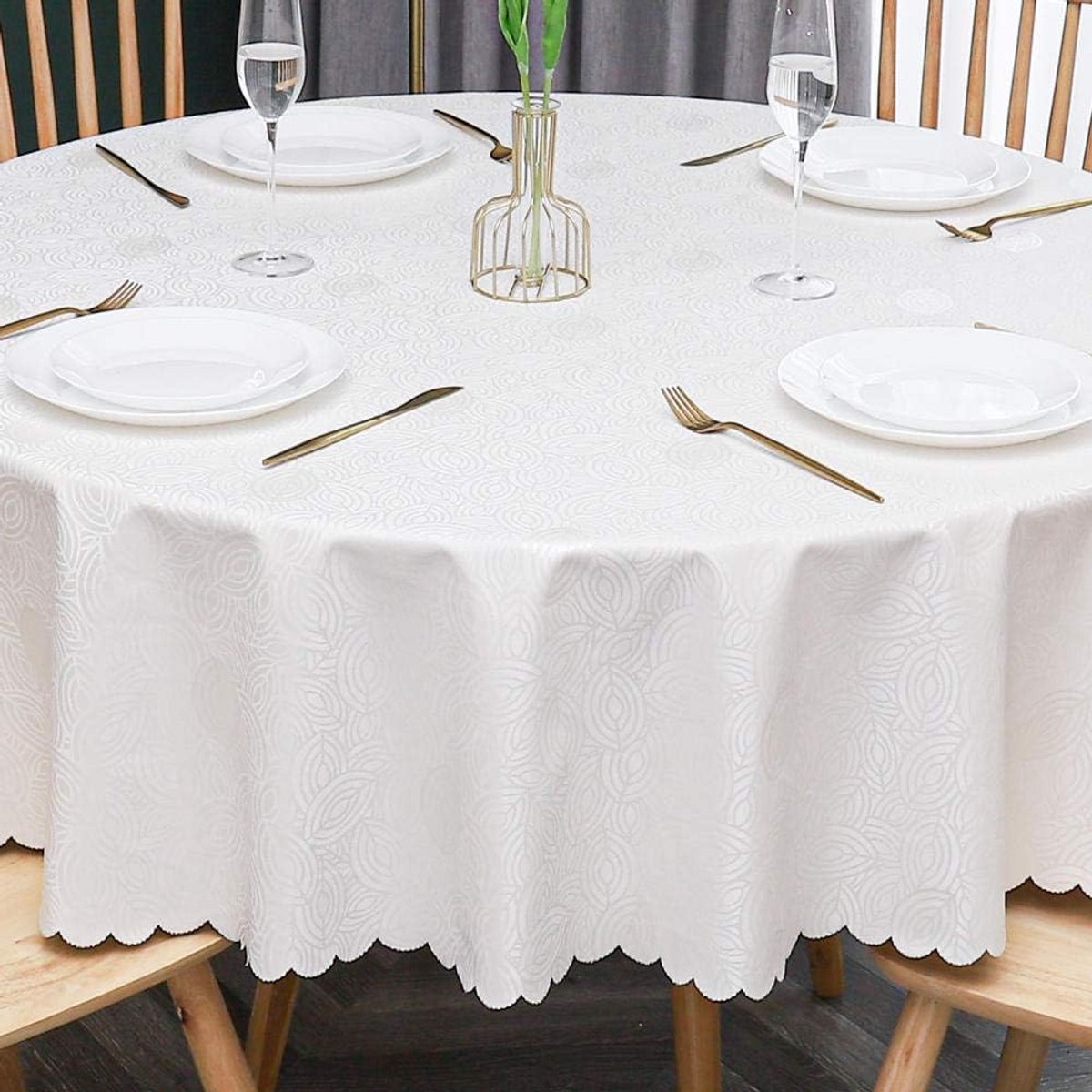 Ronde PVC Tafelkleed Waterdicht en Afwasbaar - Ideaal voor Binnen & Buiten (Bladeren Wit)