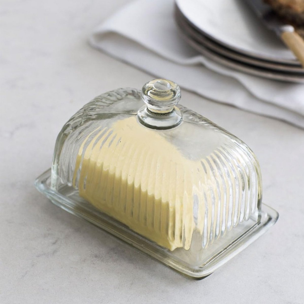 Glazen Boterdoos met Deksel - Vintage Ribbel Design - Vaasje voor Boter en Margarine