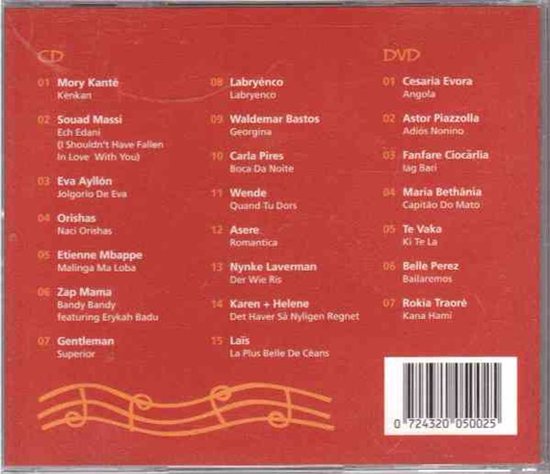 Achterkant van Global Sounds 2005 CD+DVD met tracklistings en muzieknoten.
