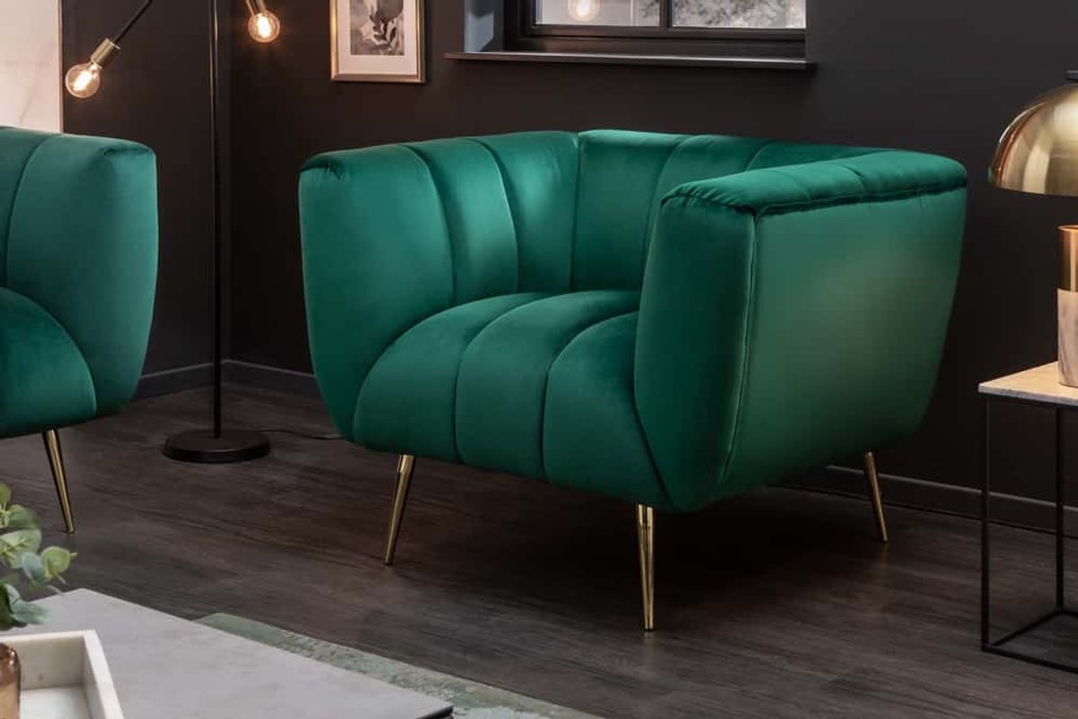 Retro fauteuil NOBLESSE 105cm smaragdgroen fluweel met decoratieve quilting - 40478