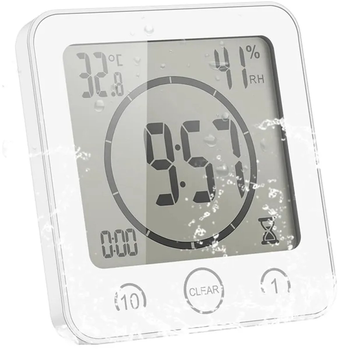Witte badkamerklok, waterdicht, met temperatuurweergave en zuignap.