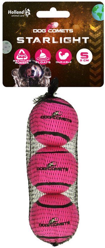 Drie roze Dog Comets Starlight tennisballen in een net. Diameter: 5 cm.