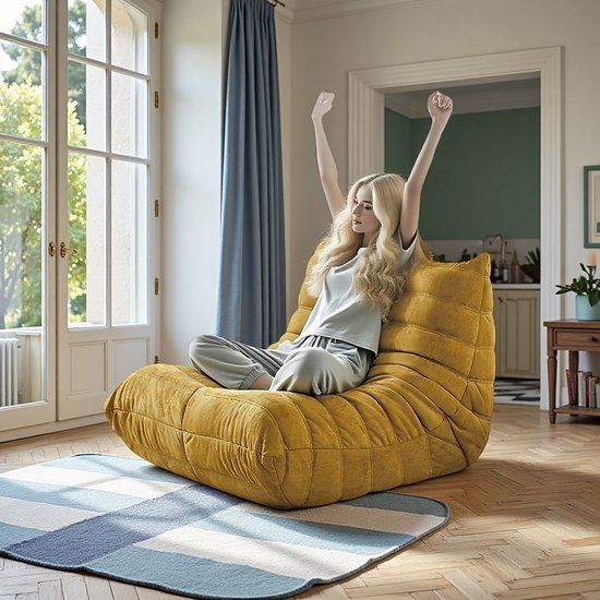 Re-purelife® Ergonomische Beanbag Stoel - Met 5-Zone Lichaamsondersteuning - Hoogwaardige Suède Stof & Dikke Vulling - Compact Design - 100*90*67 cm - Geel