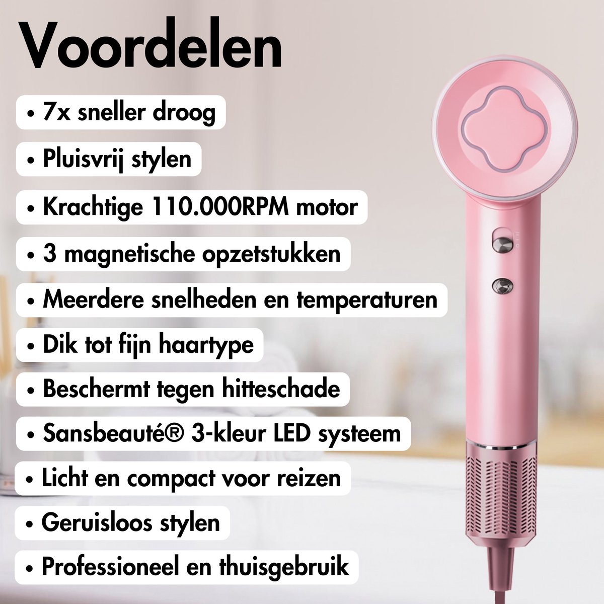 Sansbeauté® Föhn met Diffuser - Krullen - 110.000RPM - Ionische Haardroger met Borstel - 3 Standen - 3 Opzetstukken - Reisföhn - Sèche Cheveux - Krul Feun Set - Haarföhn met Defuser - Hair Blow Dryer - Kappersfohn - 2000W thumbnail 5