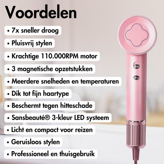 Sansbeauté® Föhn met Diffuser - Krullen - 110.000RPM - Ionische Haardroger met Borstel - 3 Standen - 3 Opzetstukken - Reisföhn - Sèche Cheveux - Krul Feun Set - Haarföhn met Defuser - Hair Blow Dryer - Kappersfohn - 2000W