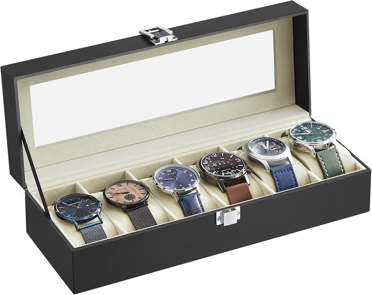 Horlogedoos met 6 vakken, horlogebox, juwelenkistje, met glazen deksel, uitneembare kussentjes, metalen slot, Zwarte coating en groenbeige voering