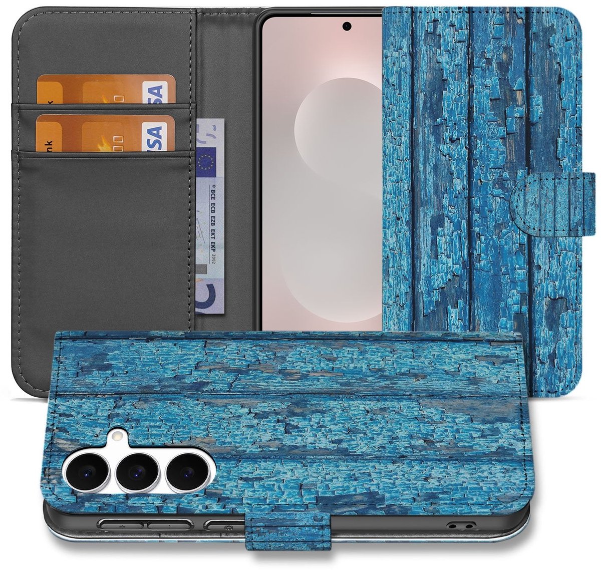 Samsung Galaxy S25 FE Book Case Afgebladderd Blauw Hout Met Pasjes