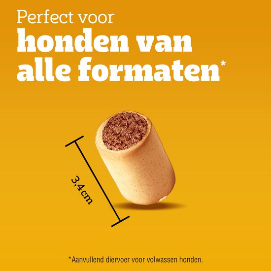 Afbeelding van een hondenkoekje van 3,4 cm op een gele achtergrond met tekst 'Perfect voor honden van alle formaten'.