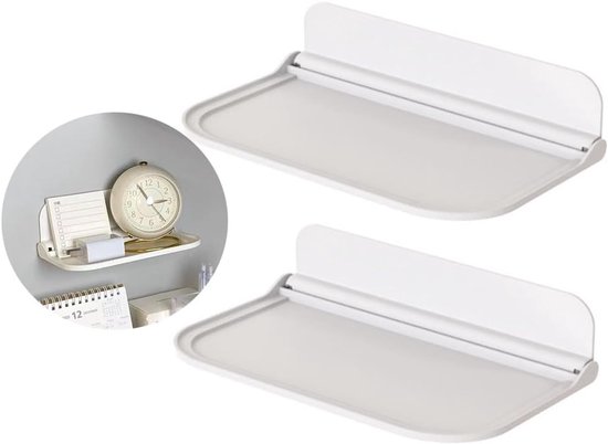 Twee witte, opvouwbare opbergplanken, met een subtiel patroon, weergegeven met een wekker en notitieblok.