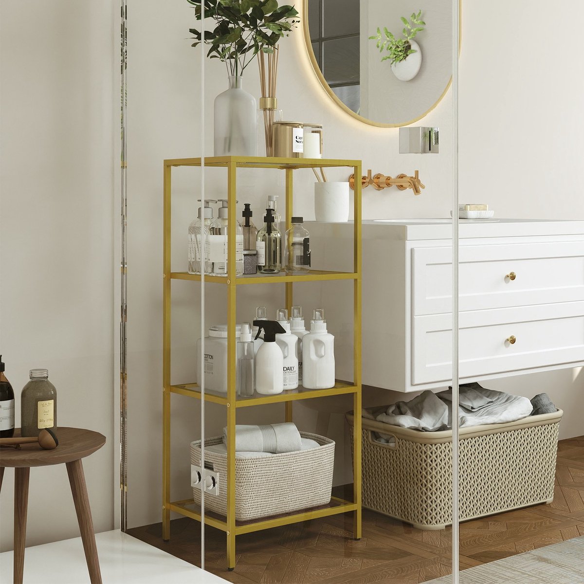 Gouden console tafel met glazen planken – 4 niveaus