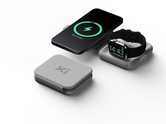 Xtorm 15W Opvouwbare Draadloze Oplader 2-in-1 - Geschikt voor iPhone, AirPods & Apple Watch - Stijlvol Ontwerp - Snelladen - Grijs