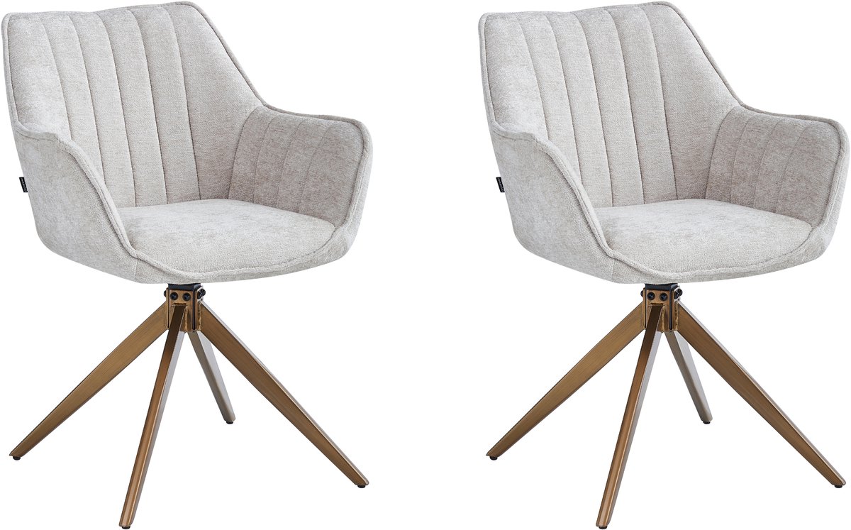Colenis Yasmin Eetkamerstoelen - Set van 2 - Beige - Chenille Stof - 180° Draaistoelen - Geborsteld Goud Poten - Gestoffeerde zitting