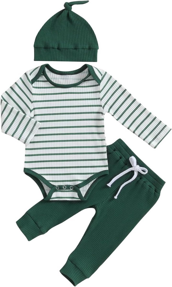 Set Babykleding Jongens Lange Mouwen Romper Broek en Muts Katoen