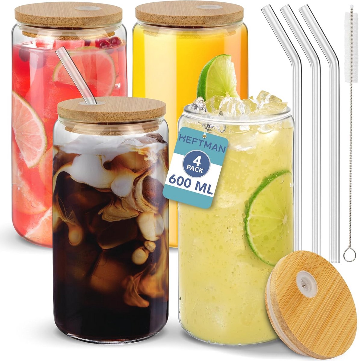 Glazen bekers met deksels en rietjes - 4 stuks - 600 ml