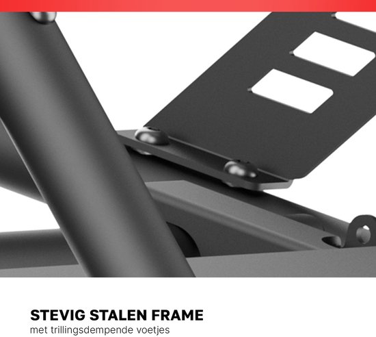 Detail van een stevig zwart stalen frame met dempende voetjes en geschroefde bevestiging.