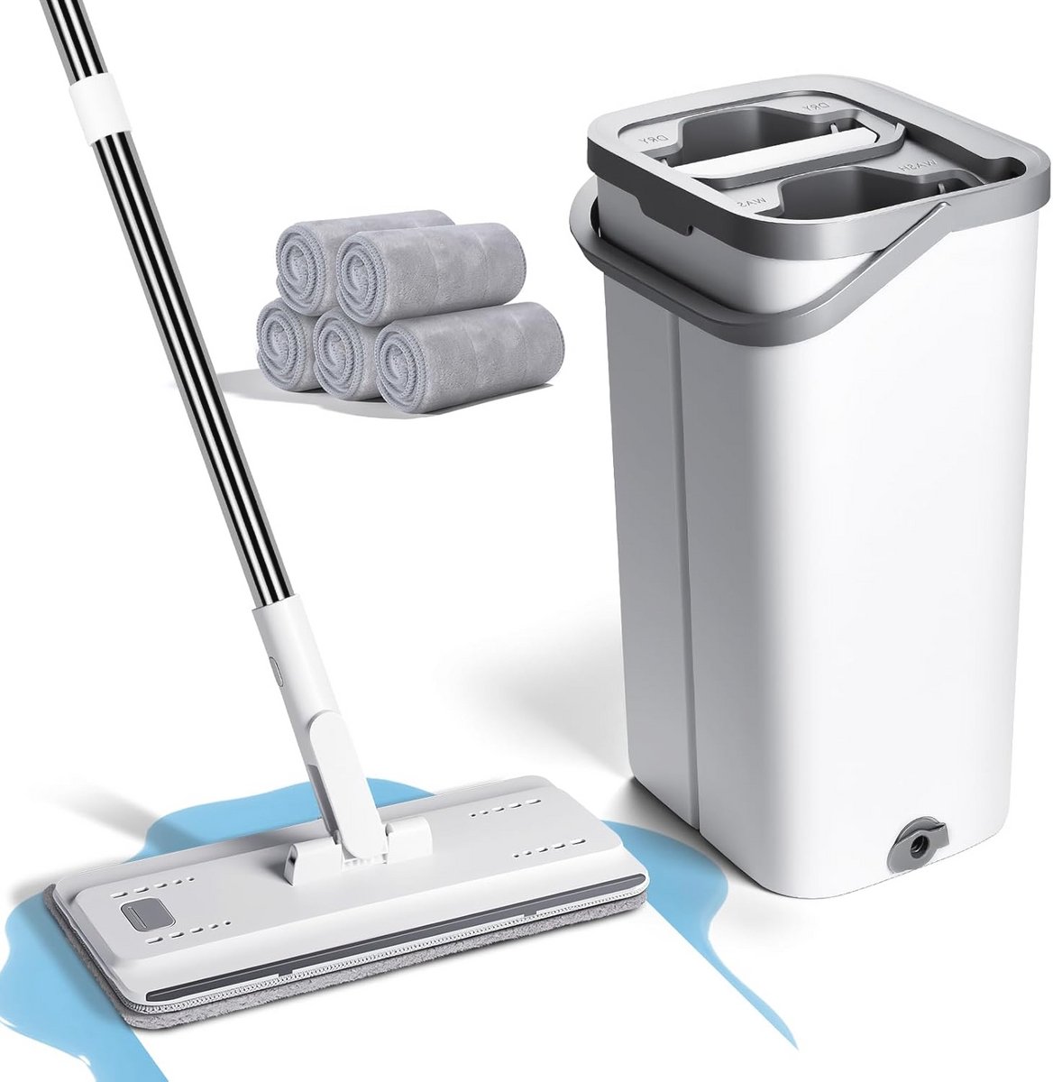 Microvezel Mop Set met Emmer - Vlakke Mop met 10 Herbruikbare Pads voor alle Vloertypes