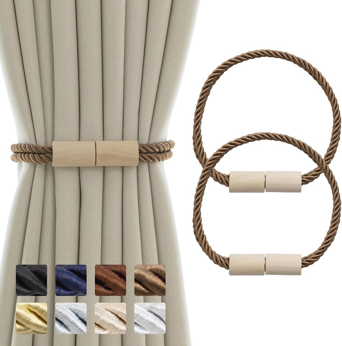 Boho Gordijnbinders - Magnetische Houten Tiebacks voor Gordijnen - 2 Stuks - Decoratieve Raambekleding in Kaki