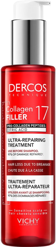 Traitement ultra-réparateur Vichy Dercos Collagen 17 Filler avec pompe dans une bouteille rouge.