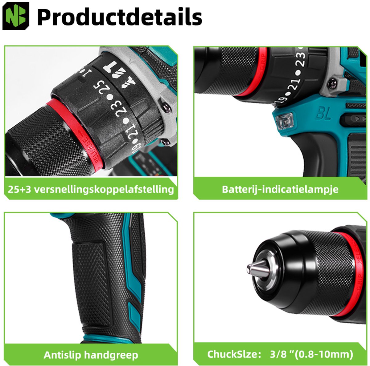 NewBeny Accuboormachine - 80Nm Accu Schroefboormachine - 21V Boormachine - met 2 Accu's - Borstelloze Accuboortol - 25+3 koppelniveaus - 2 snelheden – foto 5