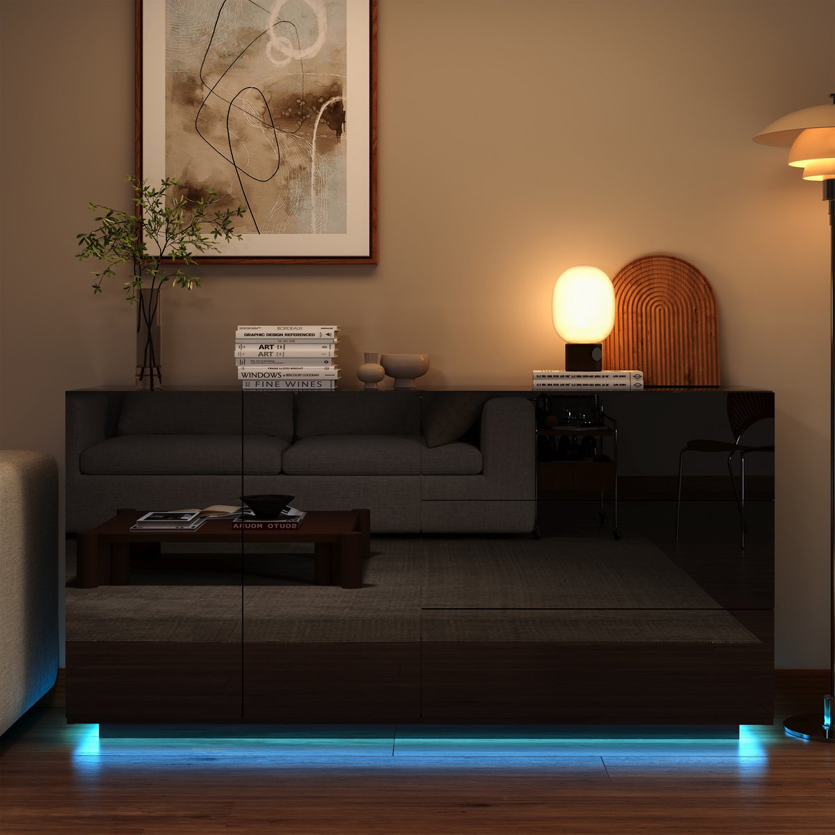 Zwarte Kast met 2 Deuren en 3 Laden, LED-Verlichting, Hoogglans, Moderne Opbergkast