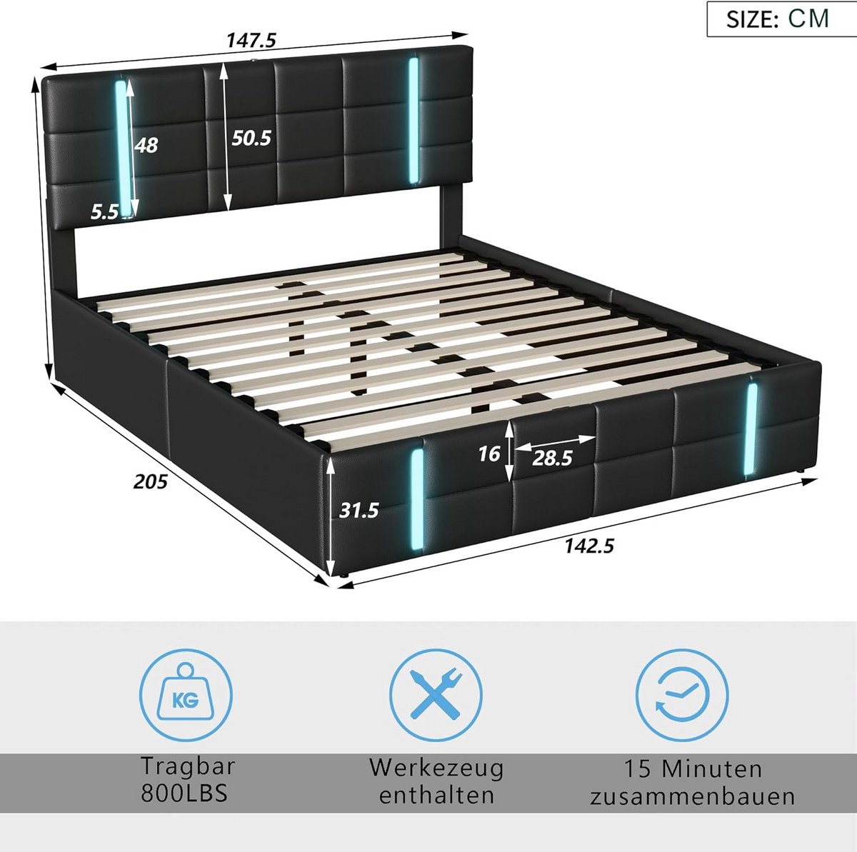 Tweepersoons Opklapbed 140x200 met Hydraulische Hefmechanisme en Grote Opbergruimte