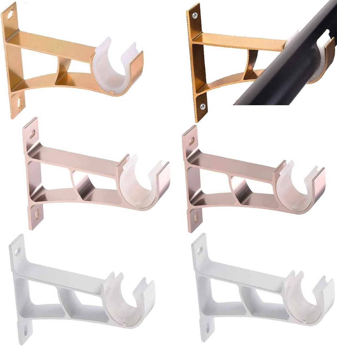 Set van 6 Gordijnroede Beugels - Stevige Aluminium Houder voor Gordijnstangen - Wit/Roségoud/Goud