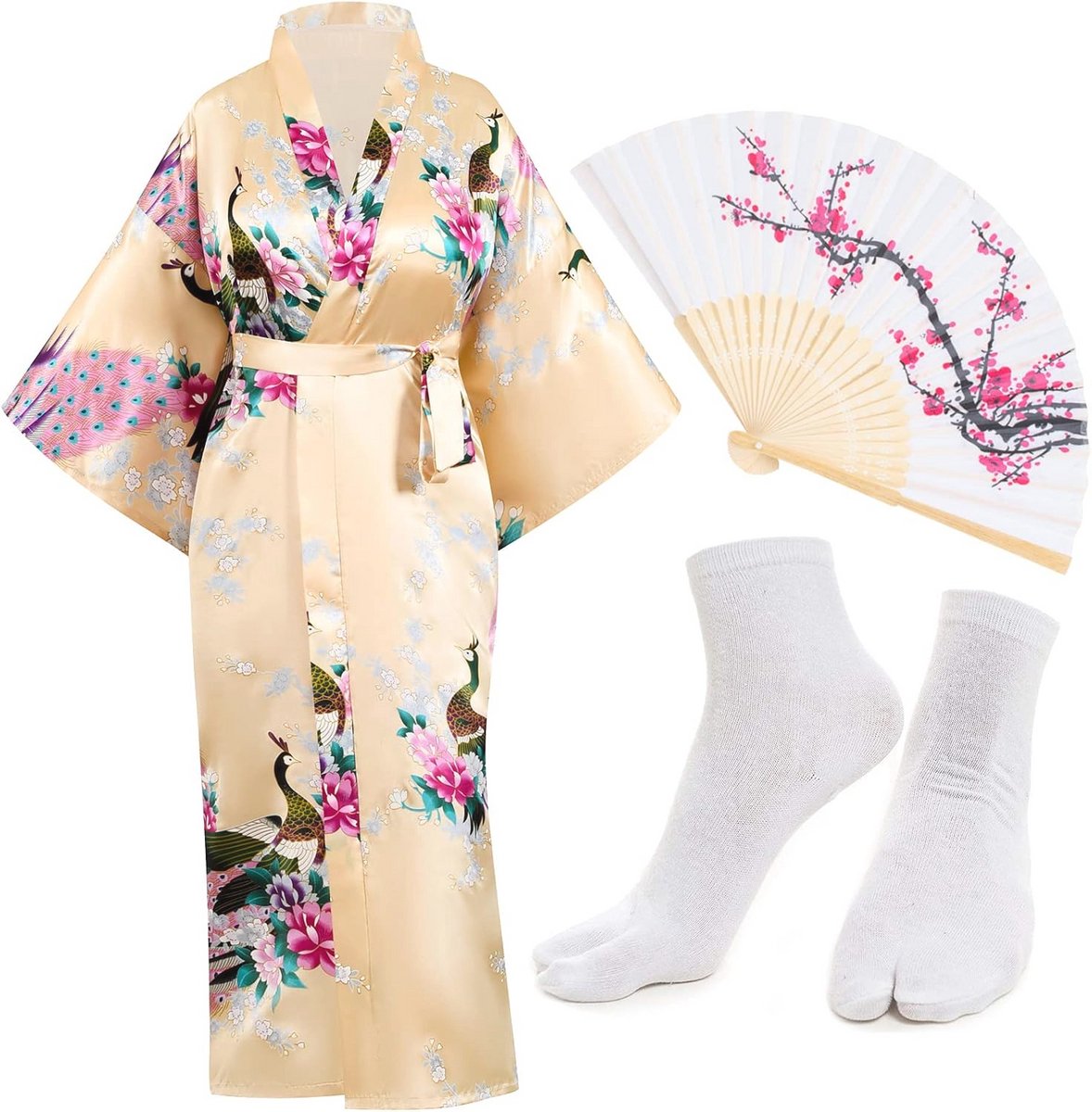 Lichtgewicht Kimono met Pauwprint en Satijnachtige Afwerking – 3-delige Set met Handgemaakte Waaiers en Tabi Sokken