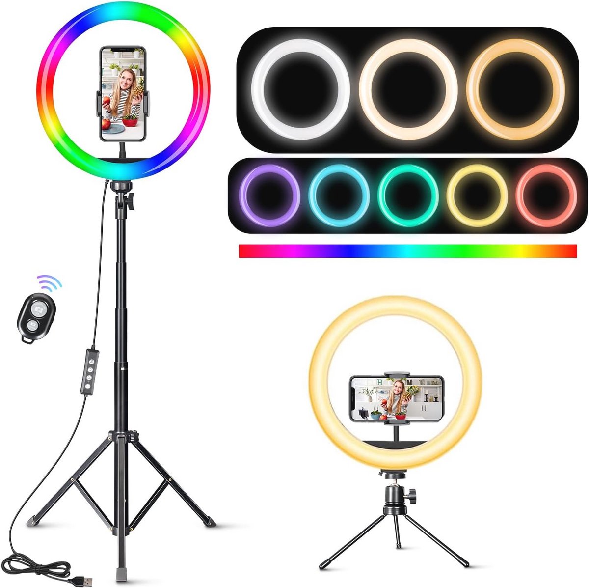 Ringlamp 12 inch met statief en telefoonhouder - RGB-modus en helderheidsinstellingen voor video en livestreaming