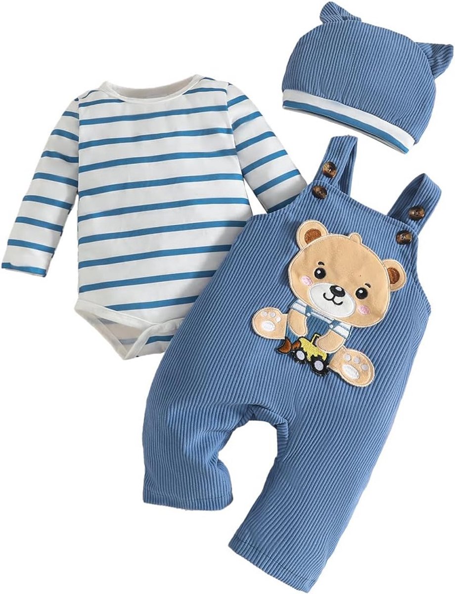 3-Delige Babykleding Set Jongen: Romper, Bretelbroek en Muts - Lange Mouwen
