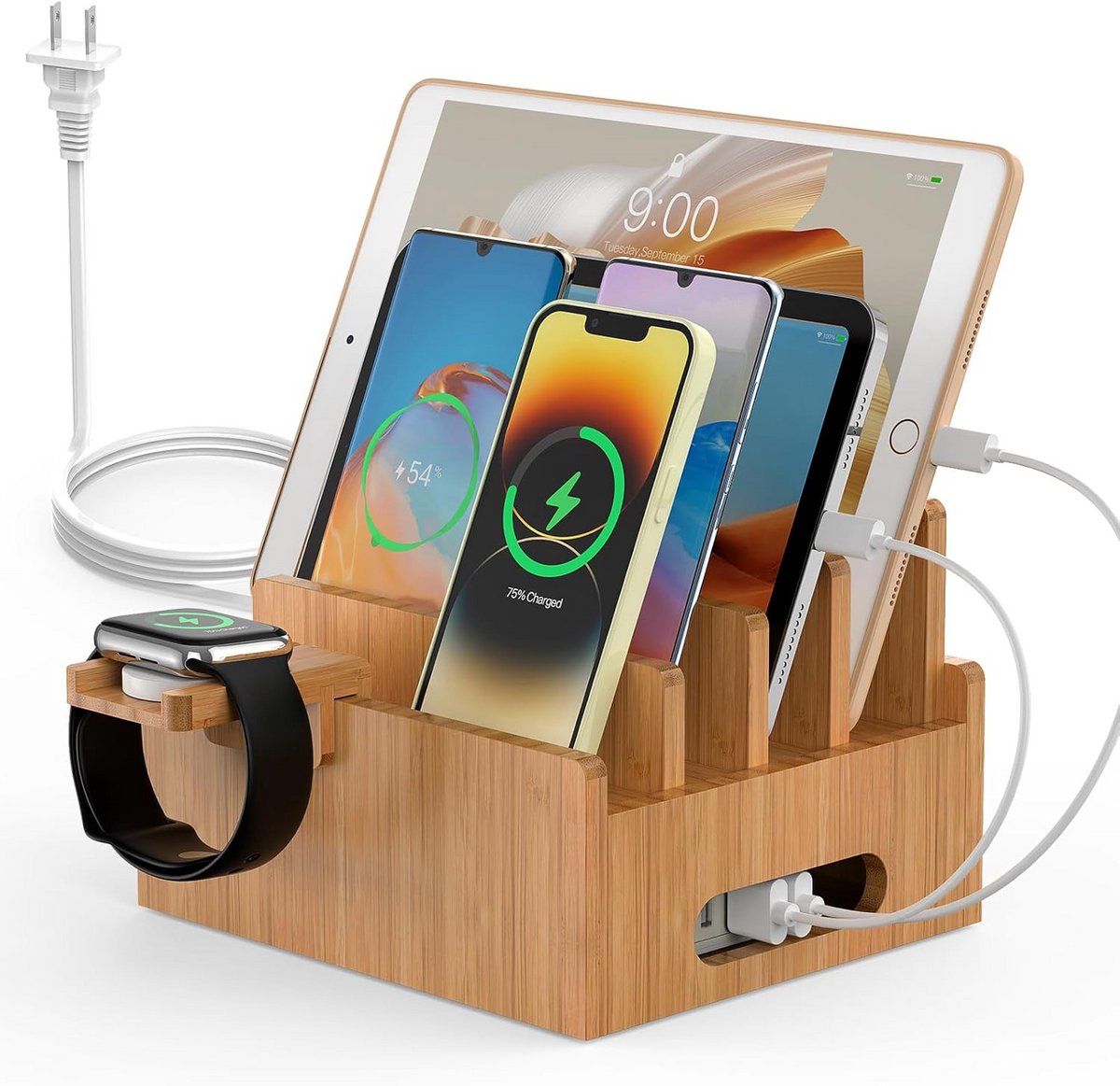 Bamboe Oplaadstation voor Meerdere Apparaten met 5-poorts USB-oplader en Kabels