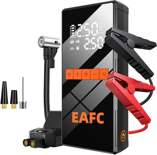 Démarreur EAFC 12V pour Auto & Moto avec Compresseur - 1000A / 20.000 mAh - Aide au Démarrage 5-en-1 avec Compresseur, Powerbank, Lampe de Poche LED et Lumière de Secours SOS - Jump Starter