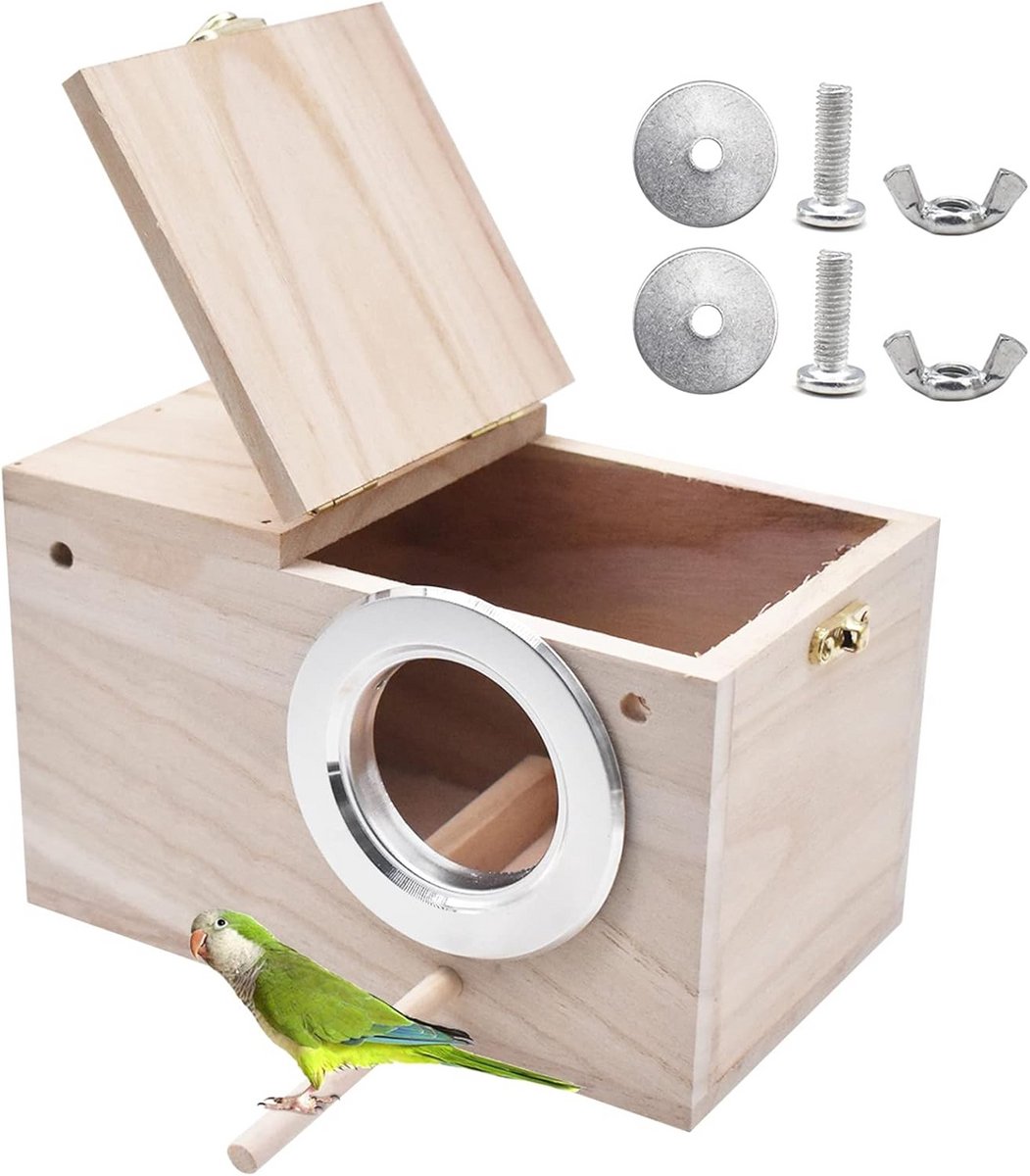 Vogelnest Hout - Vogelhuisje Papegaai - Vogels Nestelen - Met Windbescherming - 19.5 x 12 x 12 cm - Houtkleur