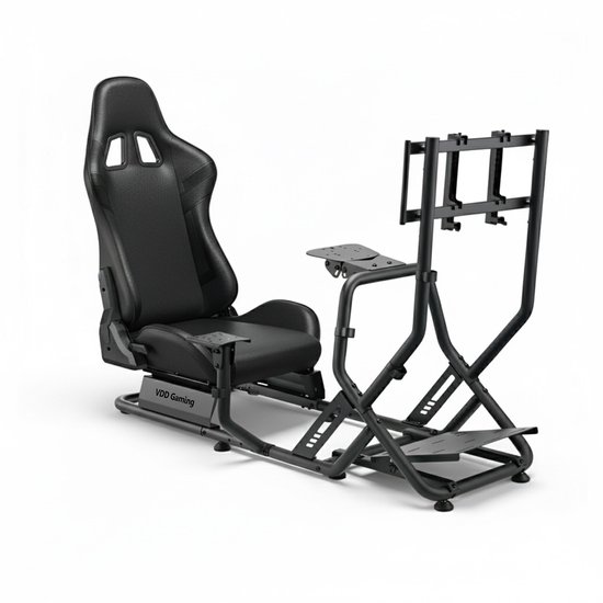 Siège de course noir pliable pour simulateur avec support de volant et d'écran.