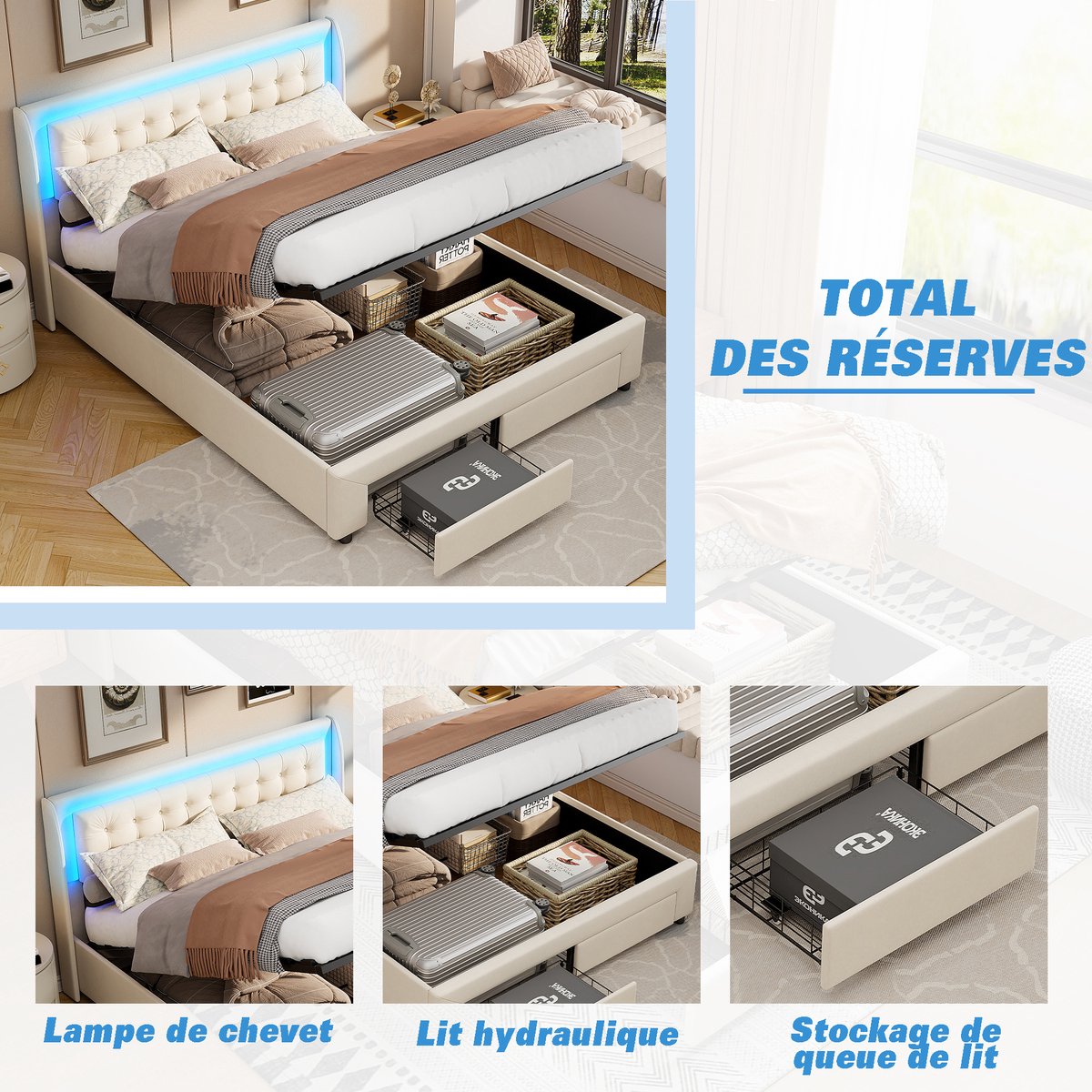 SHOPENTRA Gasveerbed Beige met LED-verlichting en Lades - afbeelding 3