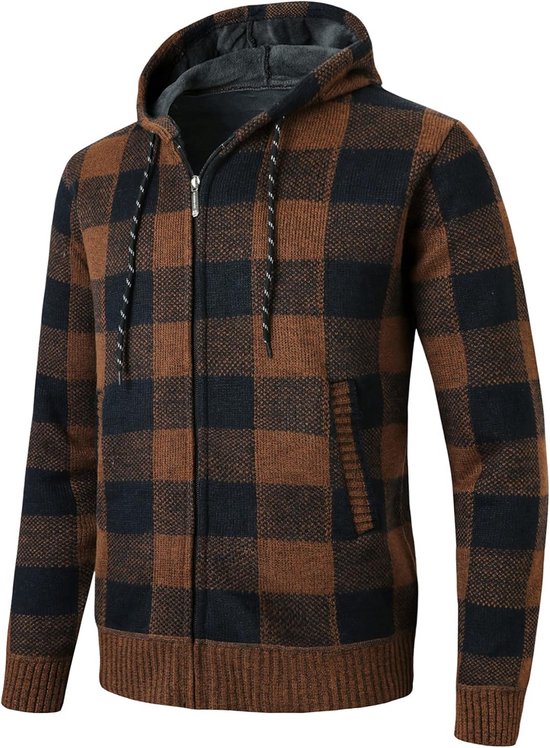 Bruin en zwart geruit vest met capuchon, ritssluiting, zakken en gebreide boord.