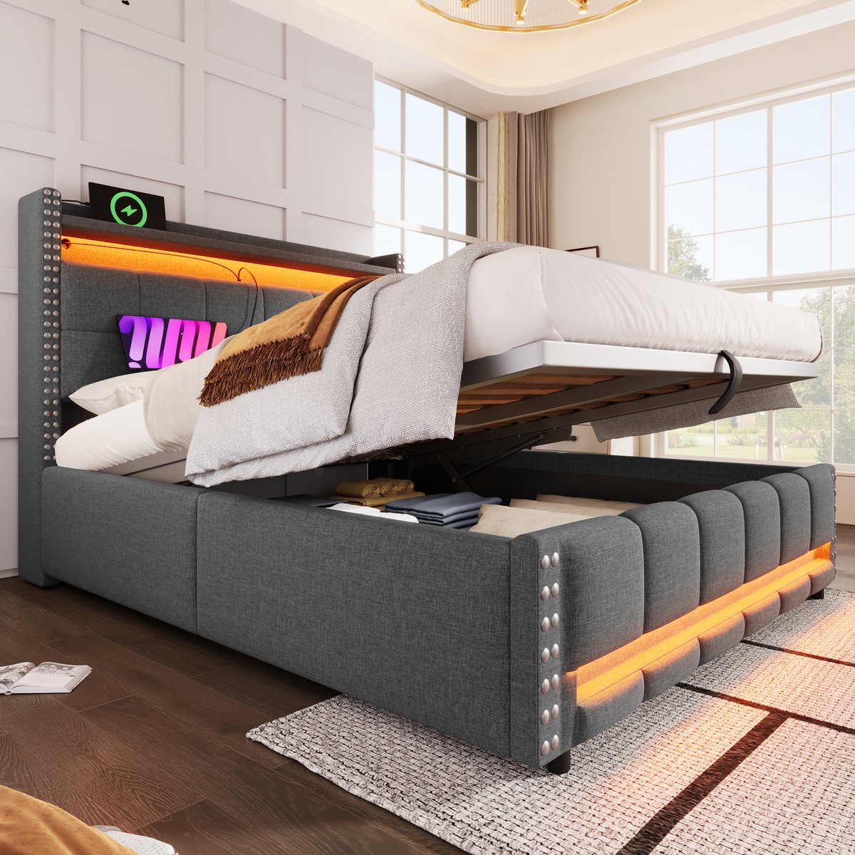 Wishdor Gestoffeerd Bed 140x200 cm – Met LED, USB & Hydraulische Lift – Hoofdbord met Opbergvakken – Slim & Stijlvol – Linnen – Grijs