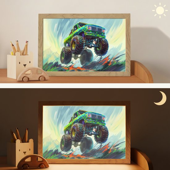 Nachtlampje 30x20 cm - Kinder lampje - Monstertruck - Auto - Jongens - Groen - Tafellamp kinderkamer - Slaapkamer lamp - Bedlamp kinderen - Kinderlampje stopcontact - Wandlamp babykamer - Nachtlampjes van Merkloos — afbeelding 4