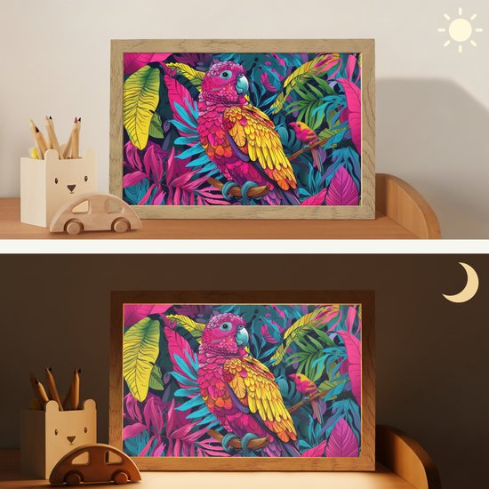 Nachtlampje 30x20 cm - Kinder lampje - Papegaai - Tropisch - Jungle - Kleurrijk - Tafellamp kinderkamer - Slaapkamer lamp - Bedlamp kinderen - Kinderlampje stopcontact - Wandlamp babykamer - Nachtlampjes van Little Dreamz. — afbeelding 4
