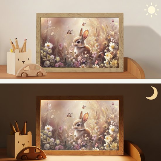 Nachtlampje 30x20 cm - Kinder lamp - Konijntje - Bruin - Bloemen - Vlinders - Tafellamp kinderkamer - Slaapkamer lamp - Bedlamp kinderen - Kinderlampje stopcontact - Wandlamp babykamer - Nachtlampjes van Merkloos — afbeelding 4